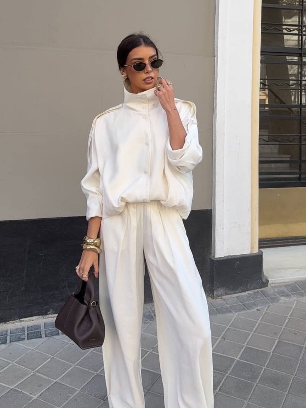 Zara Set adjustable hem flowy Pants and high collar Jacket